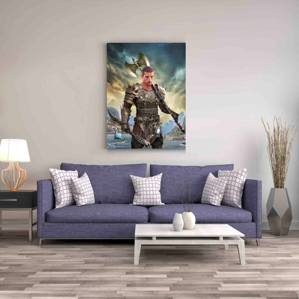 black and gold retro wall art of a man in warrior costume