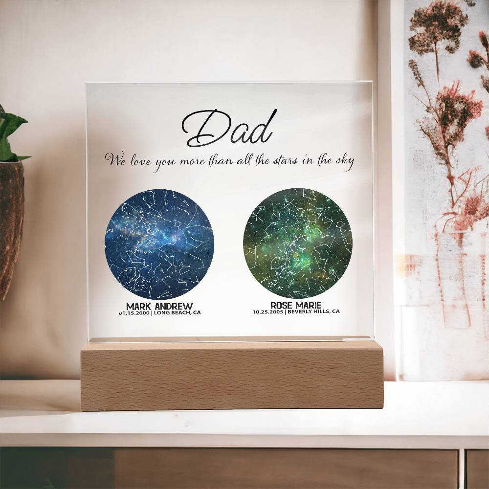 Custom Dad Star Map, Personalized Fathers Day Gifts for Dad Sign, Night Sky Wall Art Print, Kids Names Birth Date, Acrylic Plaque Wood Base