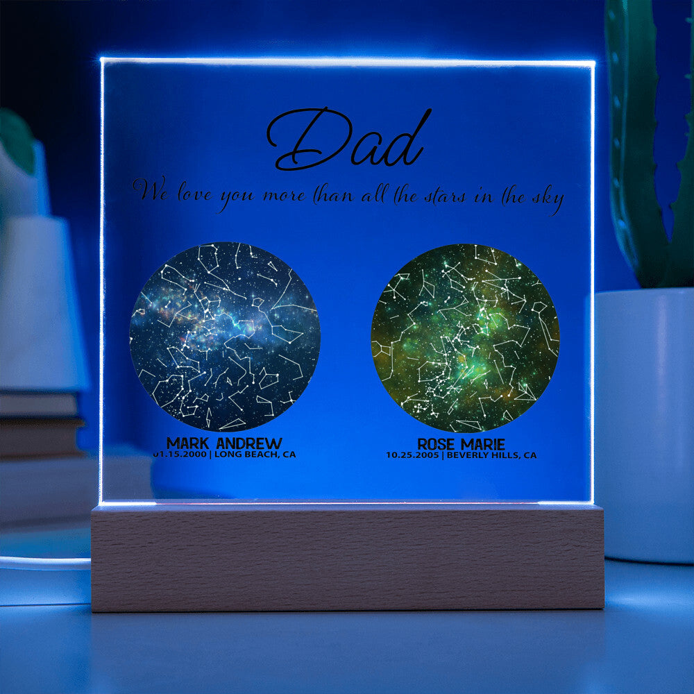 Custom Dad Star Map, Personalized Fathers Day Gifts for Dad Sign, Night Sky Wall Art Print, Kids Names Birth Date, Acrylic Plaque Wood Base