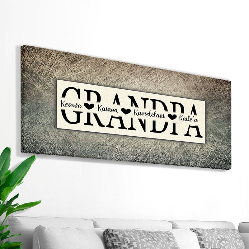 custom rustic wall decor with the word grandpa and granchildren's names printed on canvas