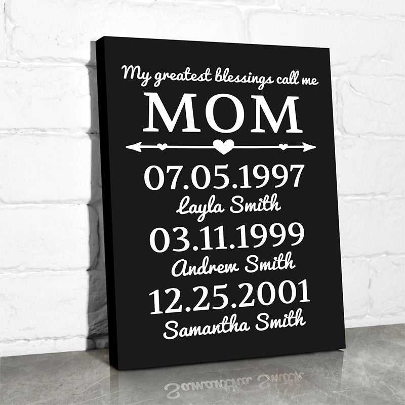personalized canvas wall art for mom that displays a sweet mom quote and her kids names and birth dates