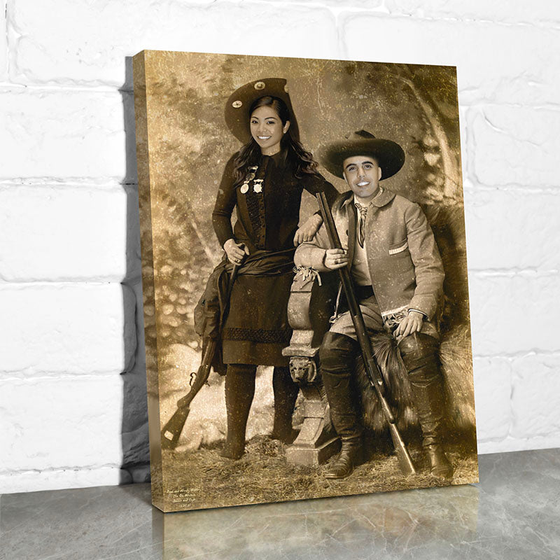 western portrait of a man and woman holding guns and wearing Bonnie and Clyde costumes