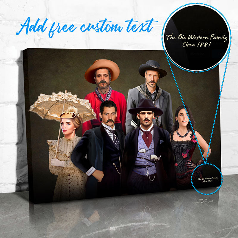personalized western wall art from photo featuring a family of cowboys and Victorian women