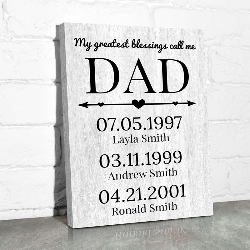 farmhouse canvas wall decor with white wood background that says &quot;my greatest blessings call me dad&quot; and includes customizable name of kids