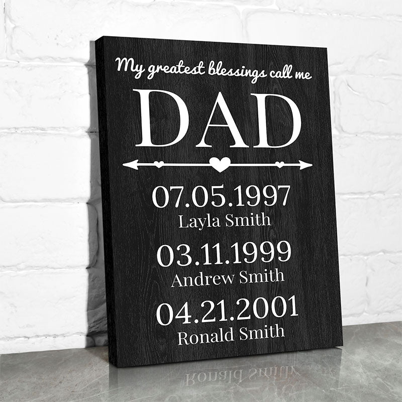 black and white horizontal canvas wall art with sweet dad quotes that say &quot;my greatest blessings call me dad&quot;