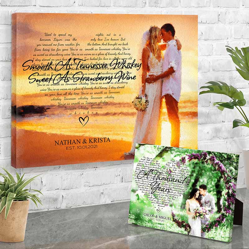 custom couple art of couples on wedding day with song lyrics and custom tex