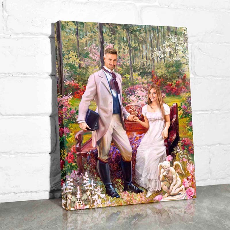 personalized wall art for couples sitting in a garden
