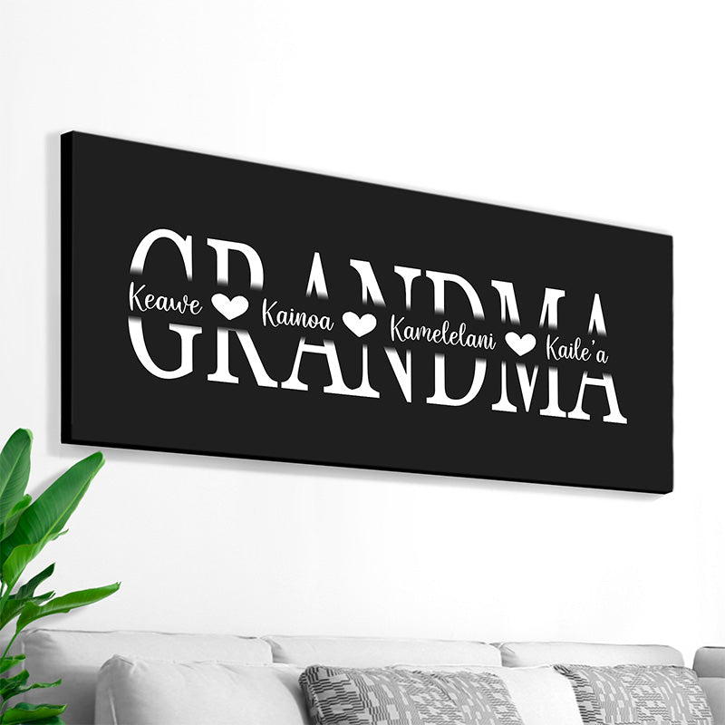 black canvas wall art print with the word grandma and grandkids names for family reunion decor