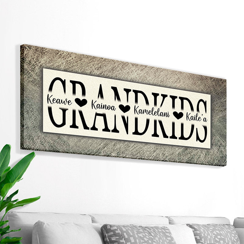 rustic gray grandchildren sign with names printed on canvas wall 
