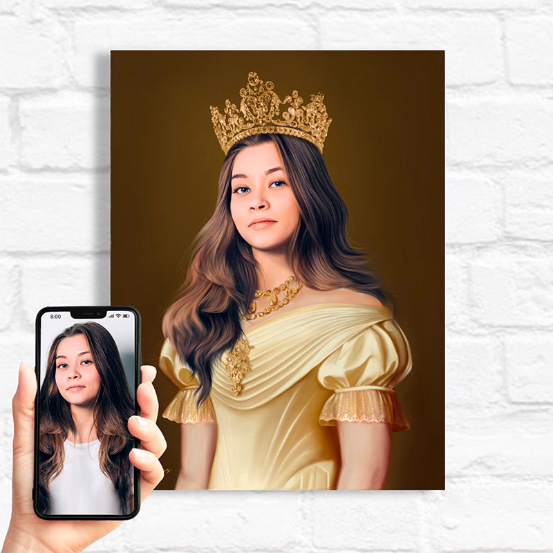 custom portrait of woman wearing golden crown and yellow gown