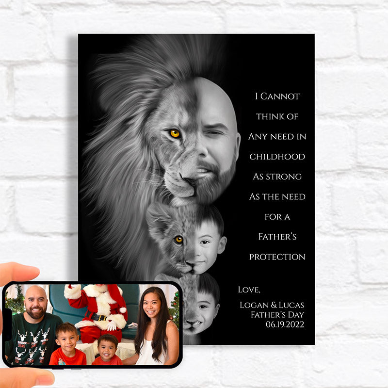 personalized family wall art featuring a dad and his sons one one side and a lion and his cubs on the other side 