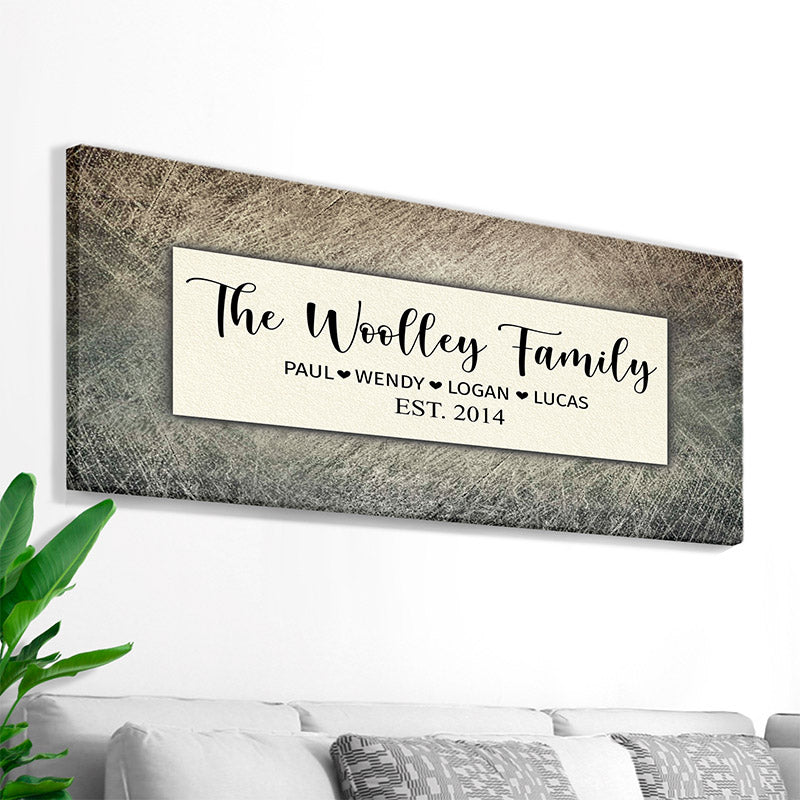 rustic family name signs in grey canvas wall art with custom text and family names