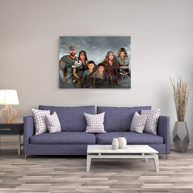 Viking family canvas wall art hanging in a living room