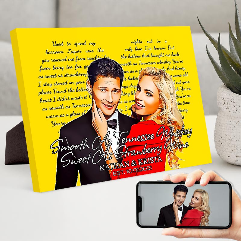 customized cartoon couple portrait with country song lyrics on easel back canvas