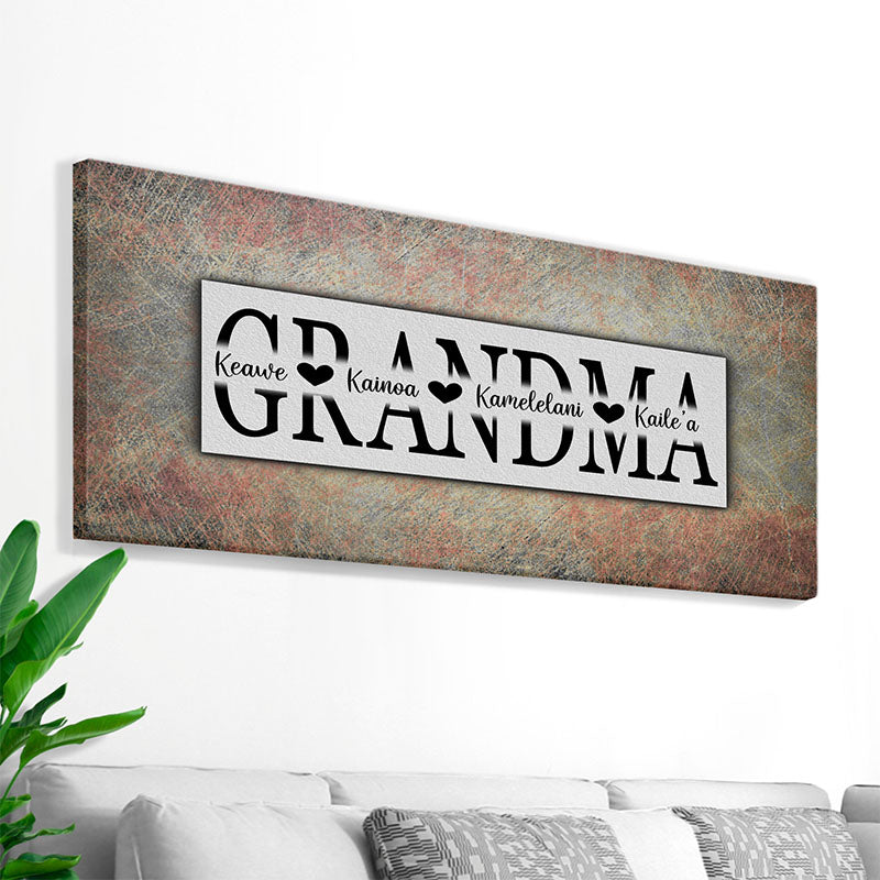 rustic gray brown grandma wall art with her children&#39;s names printed on canvas for living room, front porch or entryway