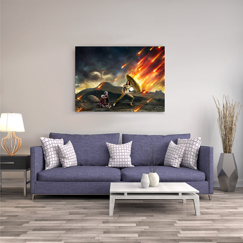 horizontal canvas wall art hanging in a living room depicting a warrior mom shielding her kids