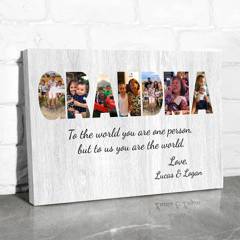 white horizontal canvas wall art with the word Grandma filled with photos and custom text