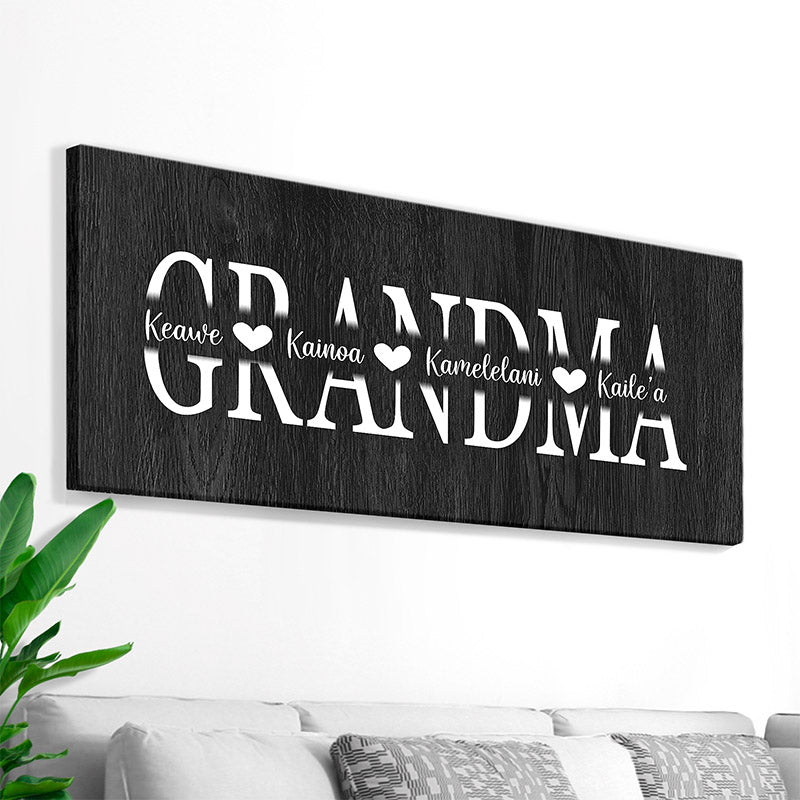 modern farmhouse black and white canvas wall art for grandma with the names of her family members