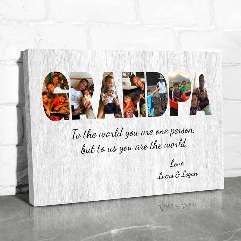 canvas print with white wood background featuring the word grandpa filled with photos and sentimental quotes
