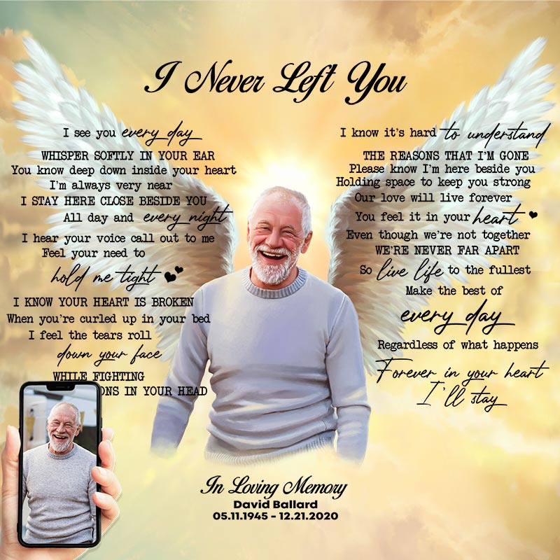 funeral poster for loss of dad with with wings and I never left you poem