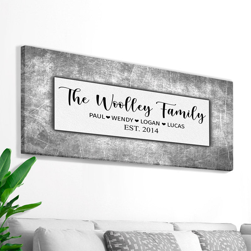 rustic family name signs in grey canvas wall art with custom text and family names
