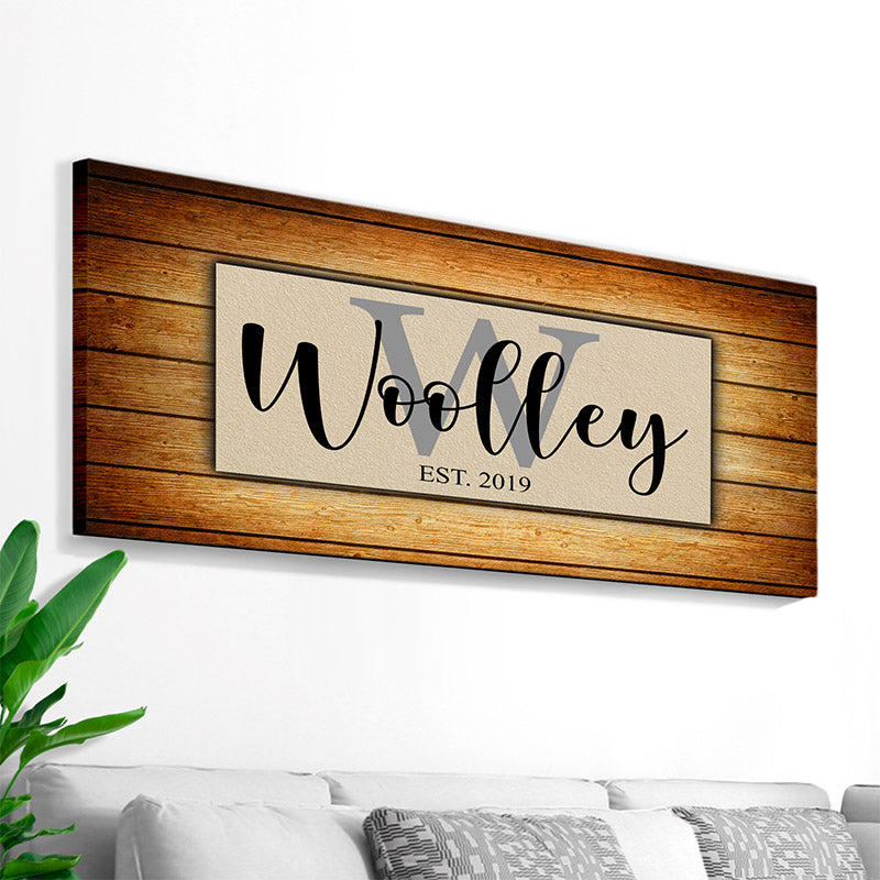 Wood & Canvas Wall Hanging, Monogram Last Name Est