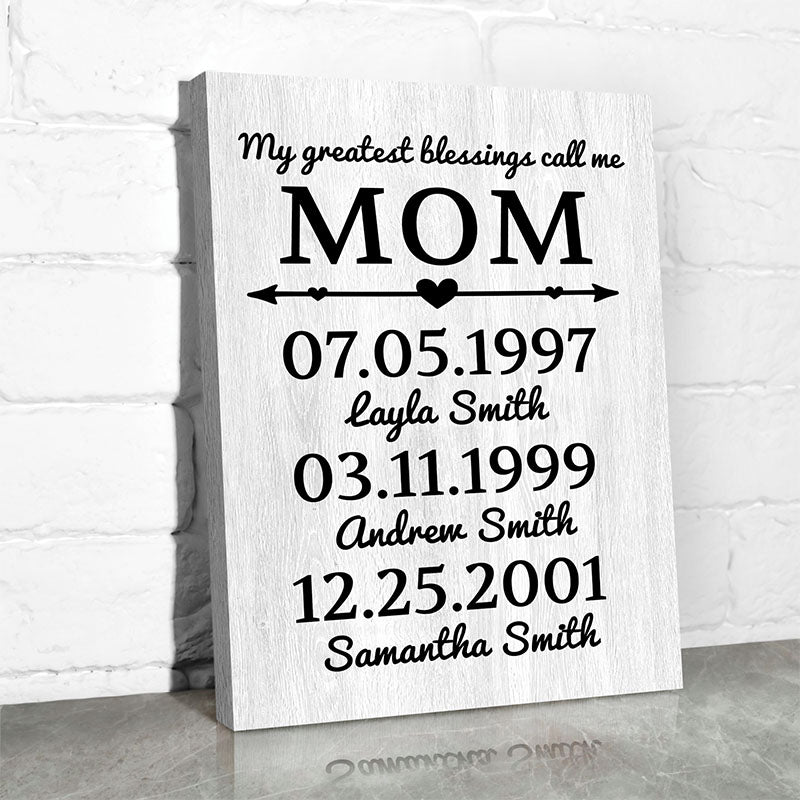 My greatest blessings call me mom wall art with custom text displaying kids&#39; names and birth dates