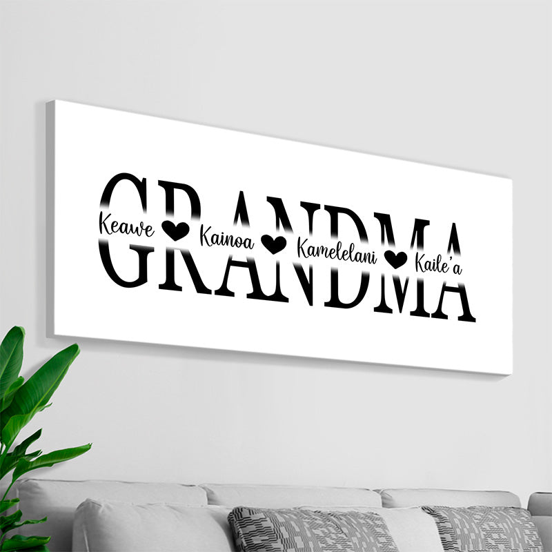 minimalist black and white wall decor with the word grandma and customized names