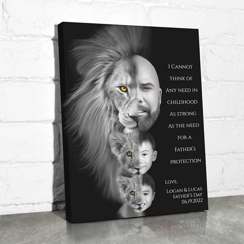 personalized family wall art featuring a dad and his sons one one side and a lion and his cubs on the other side 