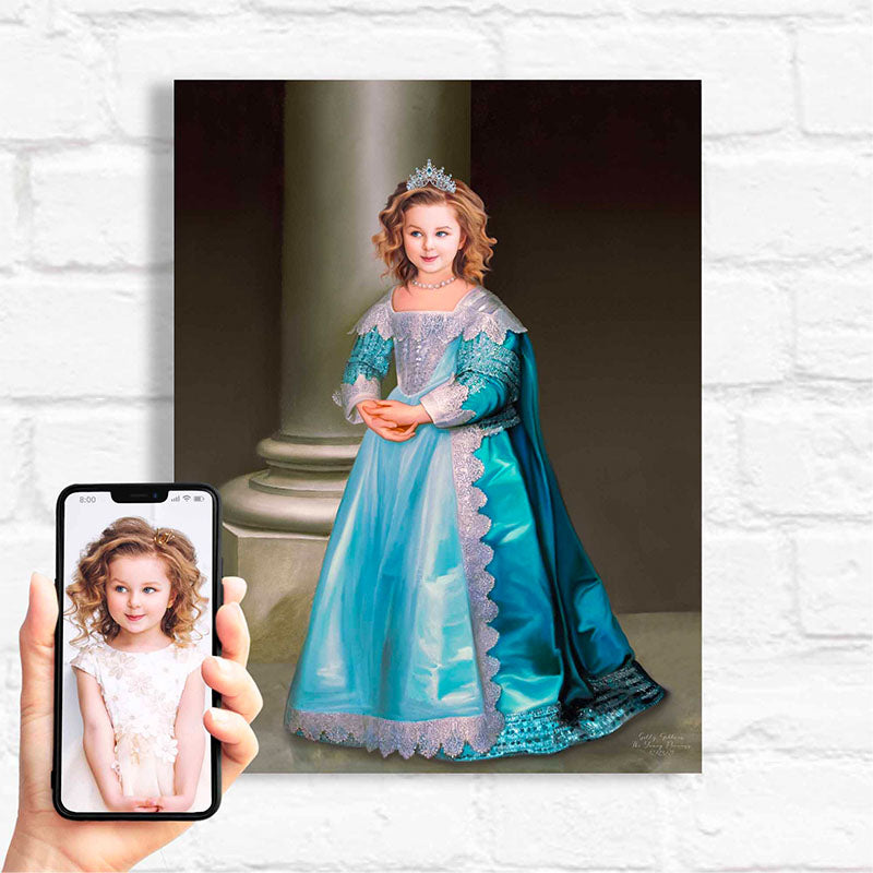princess painting on canvas featuring a little girl wearing blue princess gown and silver crown