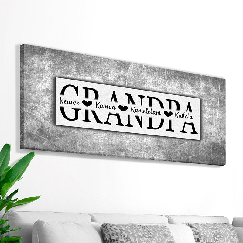 custom rustic wall decor with the word grandpa and granchildren's names printed on canvas