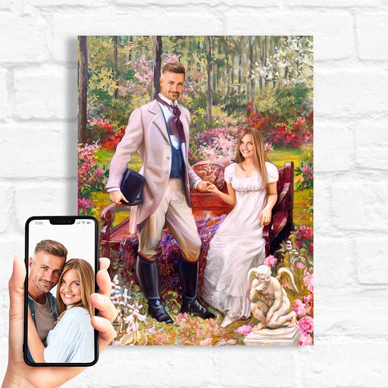 canvas wall art of a couple sitting in a garden with trees and flowers