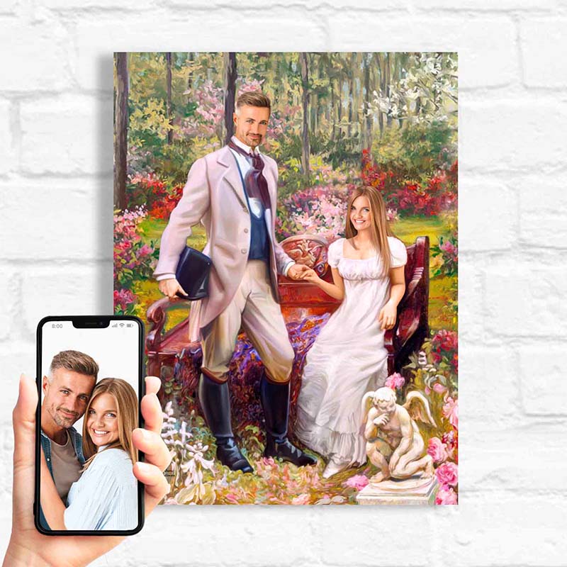 personalized wall art for couples sitting in a garden