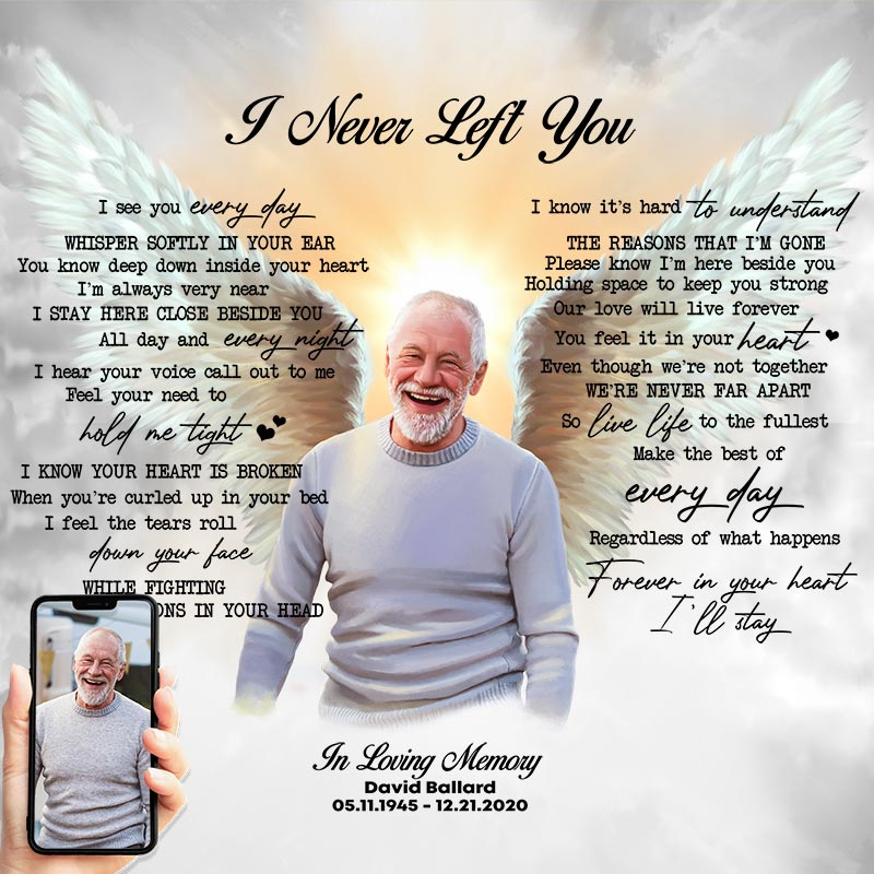 funeral poster for loss of dad with with wings and I never left you poem
