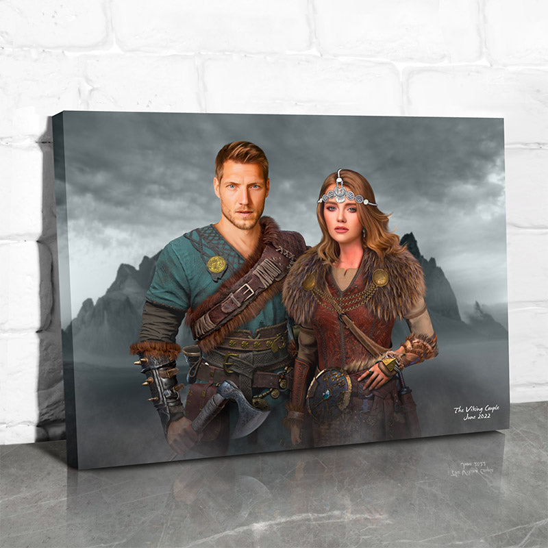 personalized vikings decor showing a couple in viking costume printed on canvas