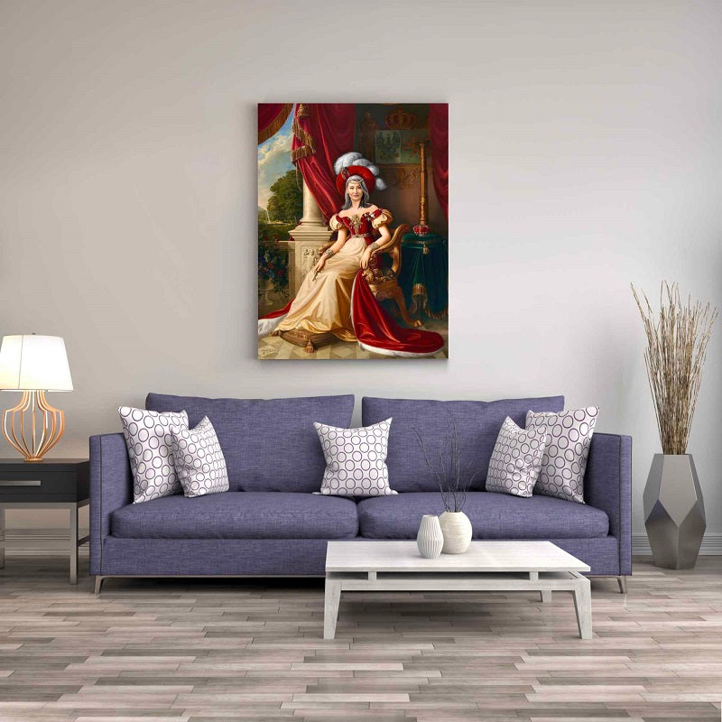 medieval home decor showing featuring a grandma in royal outfit gold and red royalty clothes
