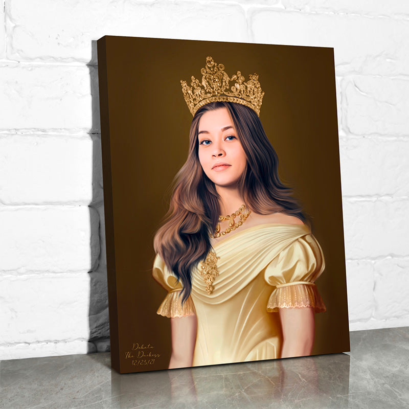 custom portrait of woman wearing golden crown and yellow gown